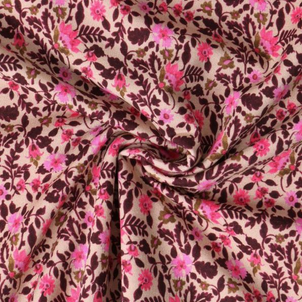 Tissu Sweat léger French Terry Lilia fleurs Roses sur fond Beige nougat - Par 10 cm