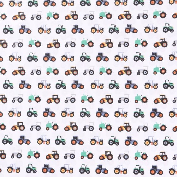 Tissu Coton imprimé Tracteurs Multicolores sur fond Blanc - Par 10 cm