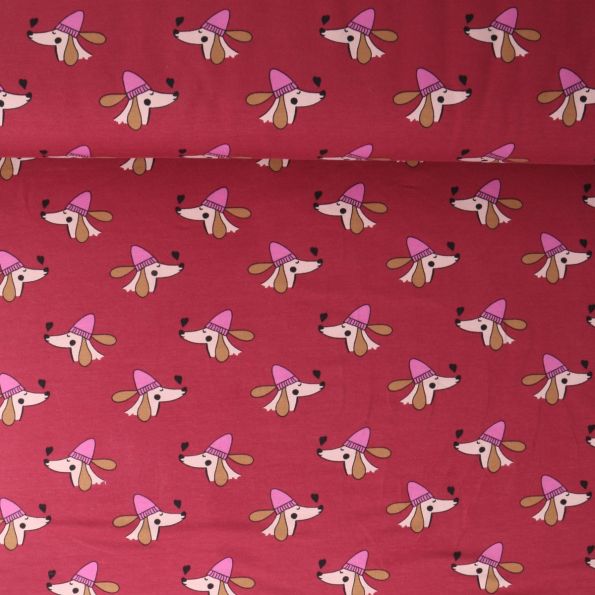 Tissu Sweat léger French Terry Capucine chiens rigolos sur fond Framboise - Par 10 cm