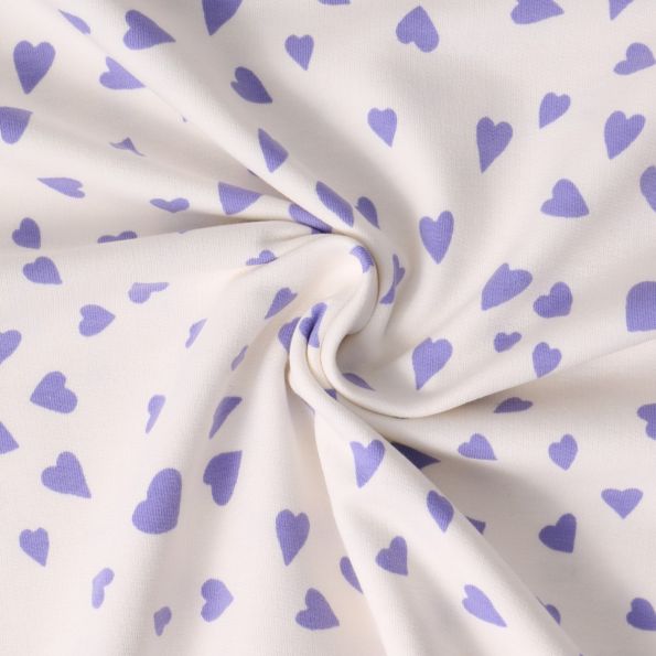 Tissu Sweat léger French Terry Capucine cœurs Violets sur fond Blanc - Par 10 cm