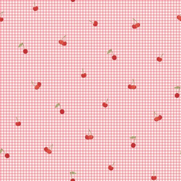 Tissu Coton imprimé Vichycherry sur fond Rose - Par 10 cm