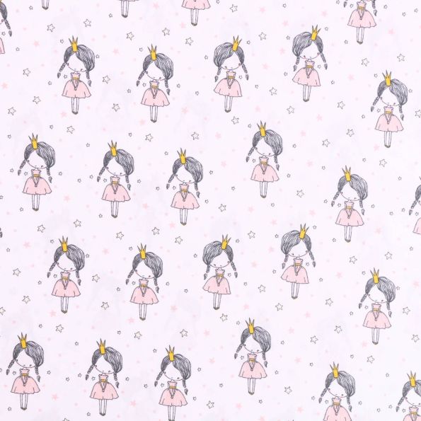 Tissu Popeline Imprimée LittleBird Fillettes et étoiles roses sur fond Blanc - Par 10 cm