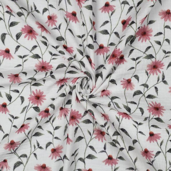 Tissu Double gaze de Coton Bio digital Fleurs Roses sur fond Blanc - Par 10 cm