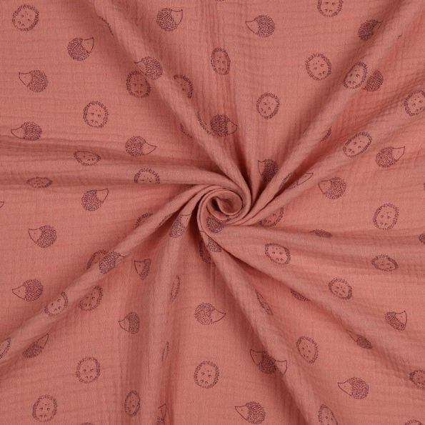 Tissu Double gaze de Coton Petits Hérissons sur fond Vieux rose - Par 10 cm
