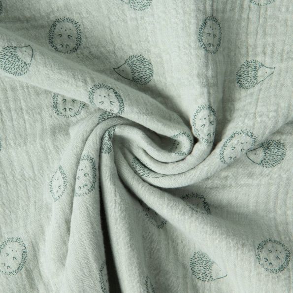 Tissu Double Gaze de Coton Poppy petits Hérissons sur fond Vert pastel - Par 10 cm