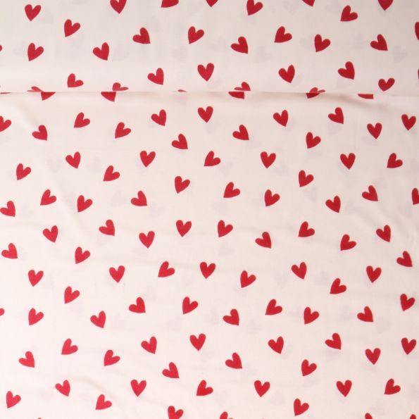 Tissu Flanelle de Coton  Caline cœurs Rouges sur fond Blanc - Par 10 cm