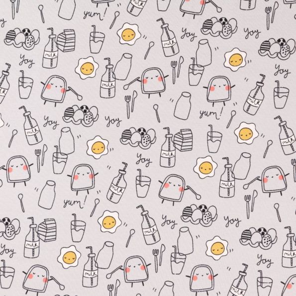 Tissu Jersey Coton Aliments Noirs et jaunes sur fond Gris - Par 10 cm