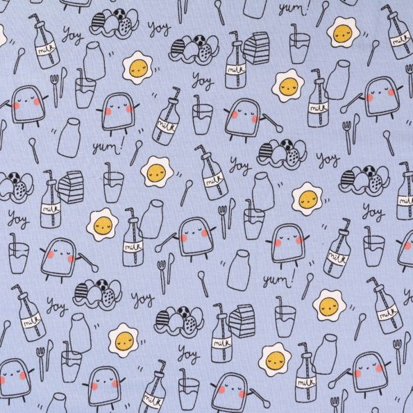 Tissu Jersey Coton Aliments Noirs et jaunes sur fond Bleu - Par 10 cm