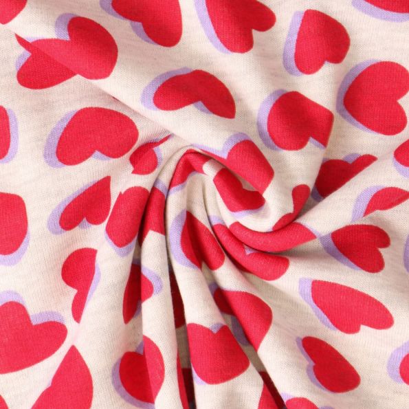 Tissu Sweat  léger envers molletonné Lisa coeurs Rouges sur fond Gris chiné - Par 10 cm