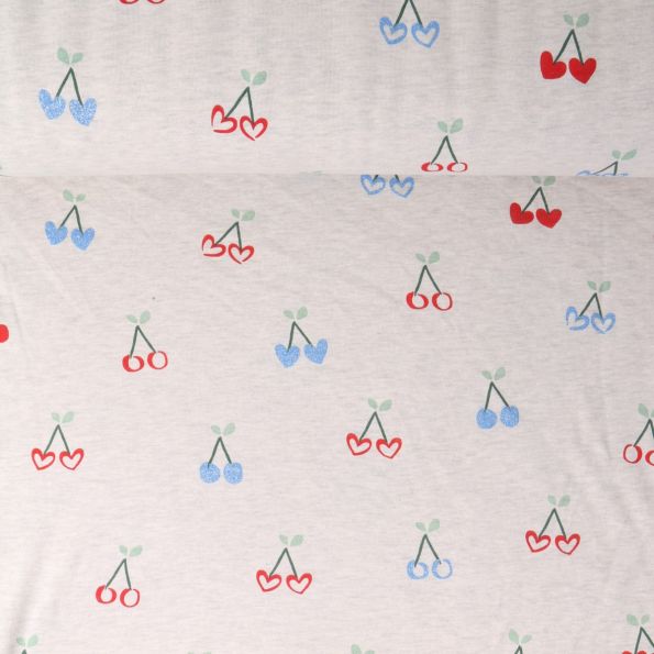 Tissu Sweat léger envers molletonné Margot cerises Bleues pailletées sur fond Blanc chiné - Par 10 cm