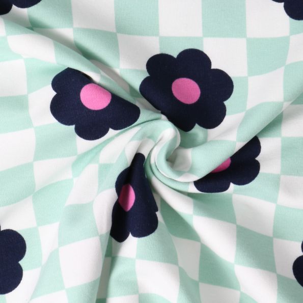 Tissu Sweat léger envers molletonné Jade fleurs Bleu marine sur fond Blanc - Par 10 cm