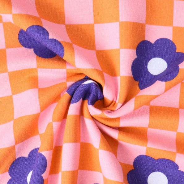 Tissu Sweat léger envers molletonné Jade fleurs Violettes sur fond Rose - Par 10 cm