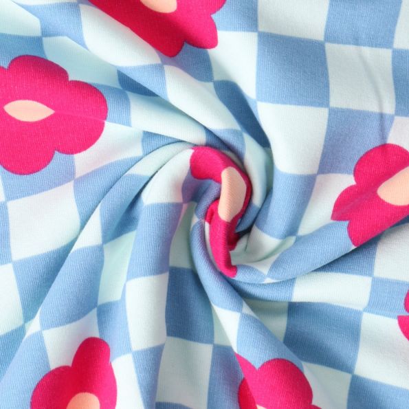 Tissu Sweat léger envers molletonné Jade fleurs Rose fuschia sur fond Blanc - Par 10 cm