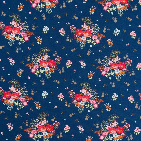 Tissu Jersey Coton imprimé Bouquets de fleurs Multicolores pailletés or sur fond Bleu marine - Par 10 cm