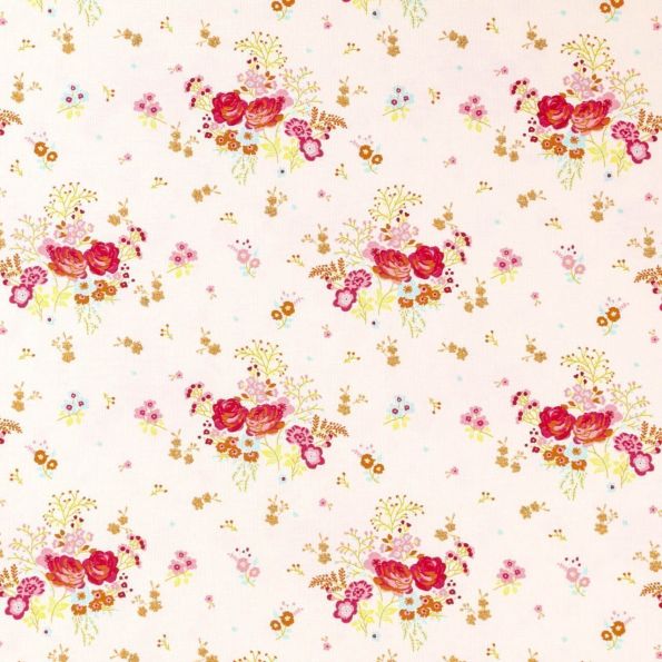 Tissu Jersey Coton imprimé Bouquets de fleurs Multicolores pailletés or sur fond Blanc - Par 10 cm