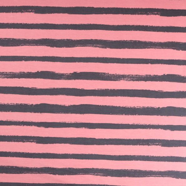 Tissu Jersey Coton imprimé épais Rayures grises sur fond Vieux rose - Par 10 cm
