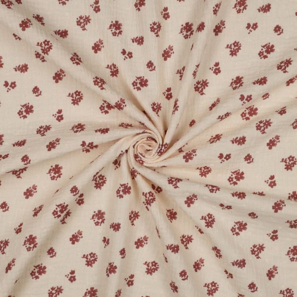Tissu Double gaze de Coton Petites Fleurs Terracotta sur fond Ecru - Par 10 cm