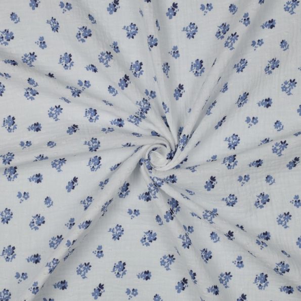 Tissu Double gaze de Coton Petites Fleurs Bleues sur fond Blanc - Par 10 cm