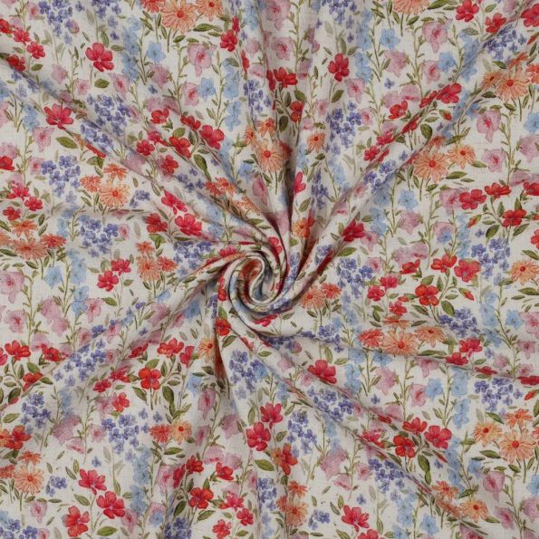 Tissu Crêpe de Viscose Lin digital Jardin d'Eté sur fond Ecru - Par 10 cm