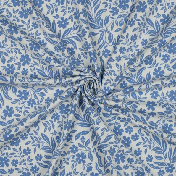 Tissu Jersey Coton imprimé Petites Fleurs Bleues sur fond Blanc - Par 10 cm