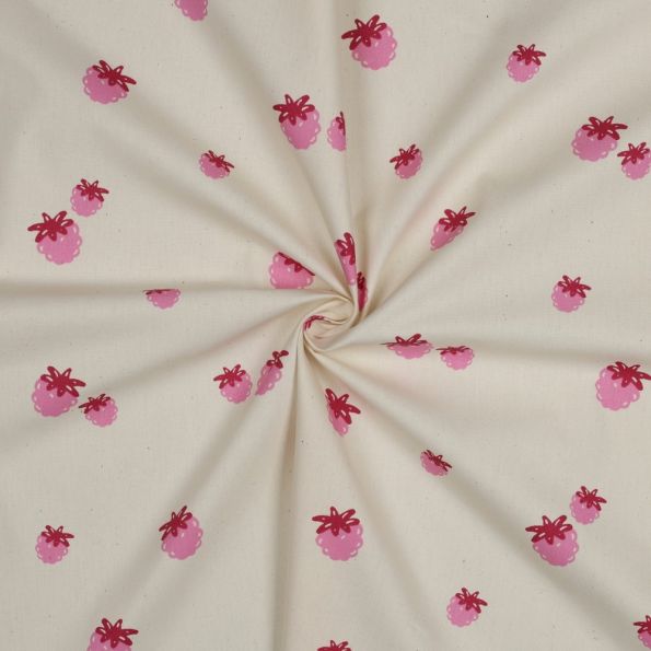 Tissu Popeline de Coton Bio Framboises Acidulées sur fond Ecru - Par 10 cm