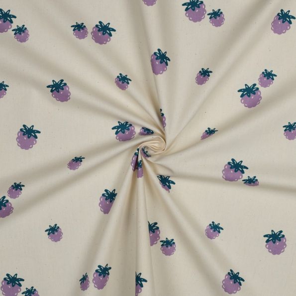 Tissu Popeline de Coton Capucine Mûres Acidulées sur fond Ecru - Par 10 cm