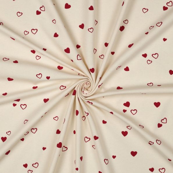 Tissu Jersey Coton imprimé Bio Petits Coeurs Rouges sur fond Ecru - Par 10 cm