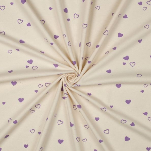 Tissu Jersey Coton imprimé Bio Petits Coeurs Violets sur fond Ecru - Par 10 cm