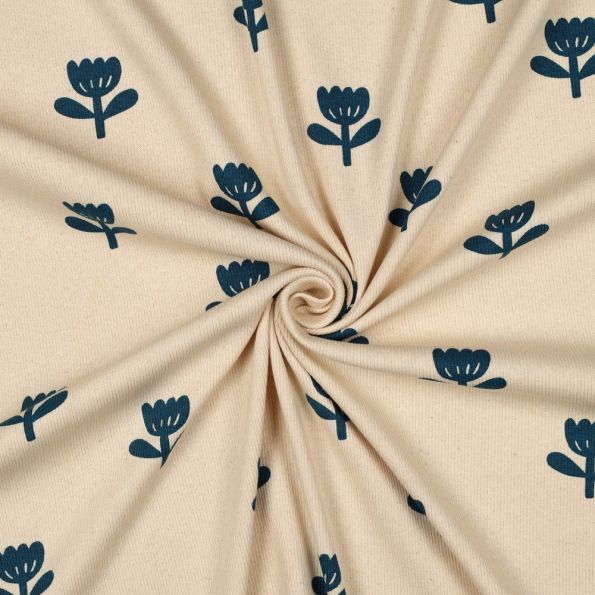 Tissu Jersey Coton côtelé Bio Tulipes Bleu sur fond Ecru - Par 10 cm