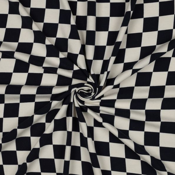Tissu Jersey Coton imprimé Bio Damier Noir & Ecru - Par 10 cm