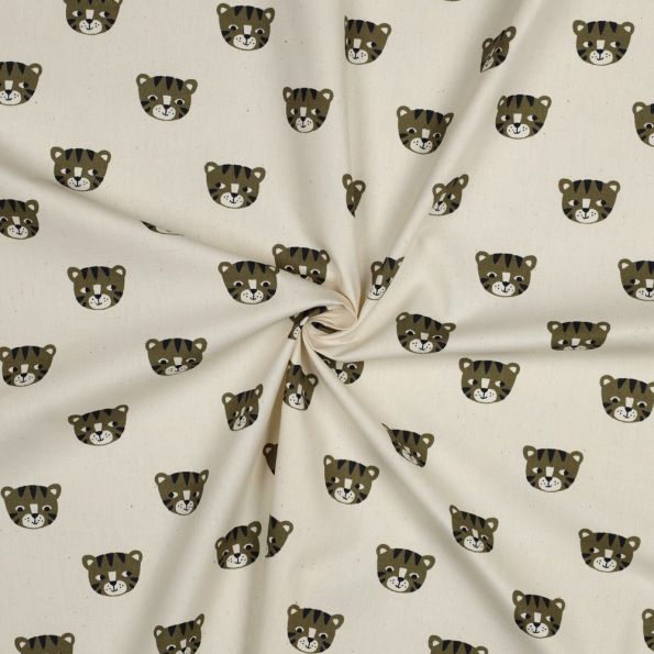 Tissu Popeline de Coton Bio Têtes de Tigres Kaki sur fond Ecru - Par 10 cm