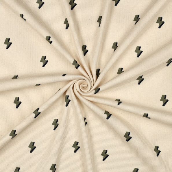 Tissu Jersey Coton côtelé Bio Petits Eclairs Noir & Kaki sur fond Ecru - Par 10 cm