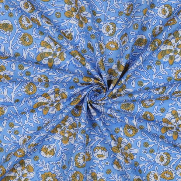 Tissu Coton indien Block print Fleuris Léa sur fond Bleu ciel - Par 10 cm