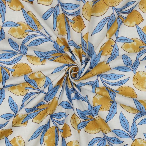 Tissu Coton indien Block print Citrons jaunes sur fond Ecru - Par 10 cm