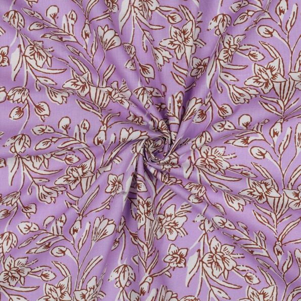 Tissu Coton indien Block print Fleuris Jules sur fond Parme - Par 10 cm