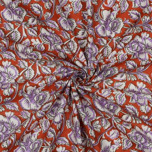 Tissu Coton indien Block print Fleuris Théo sur fond Orange - Par 10 cm