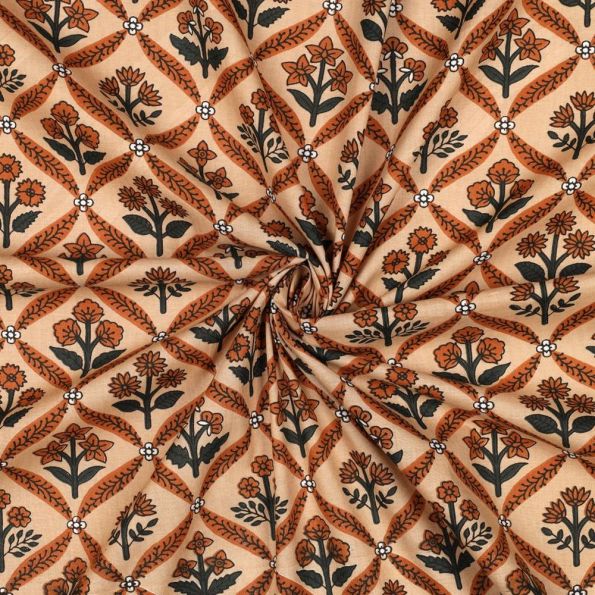 Tissu Coton indien Block print Fleuris Tia sur fond Camel - Par 10 cm