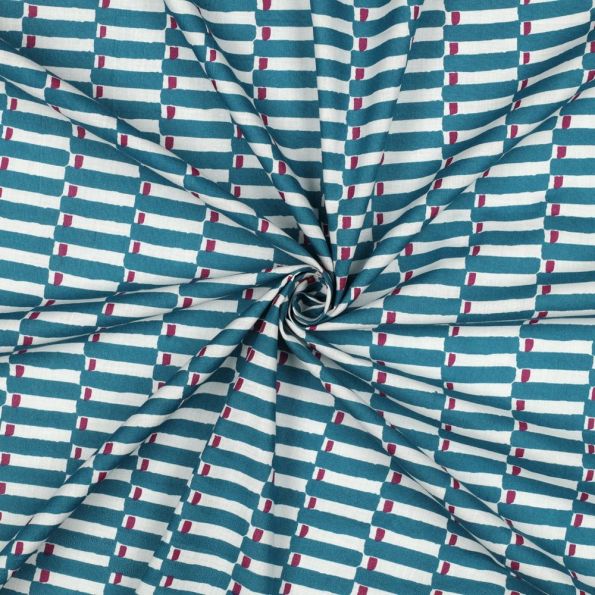 Tissu Coton indien Block print Géométrique sur fond Bleu pétrole - Par 10 cm