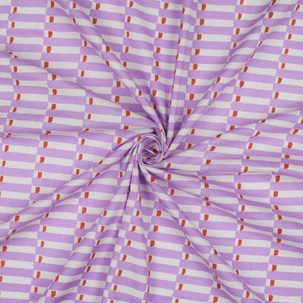 Tissu Coton indien Block print Géométrique sur fond Parme - Par 10 cm