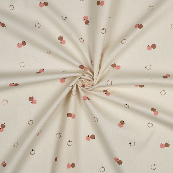 Tissu Popeline de Coton Bio Petites pommes sur fond Ecru - Par 10 cm