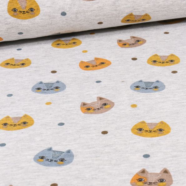 Tissu Sweat envers minky Kittyz sur fond Gris chiné - Par 10 cm