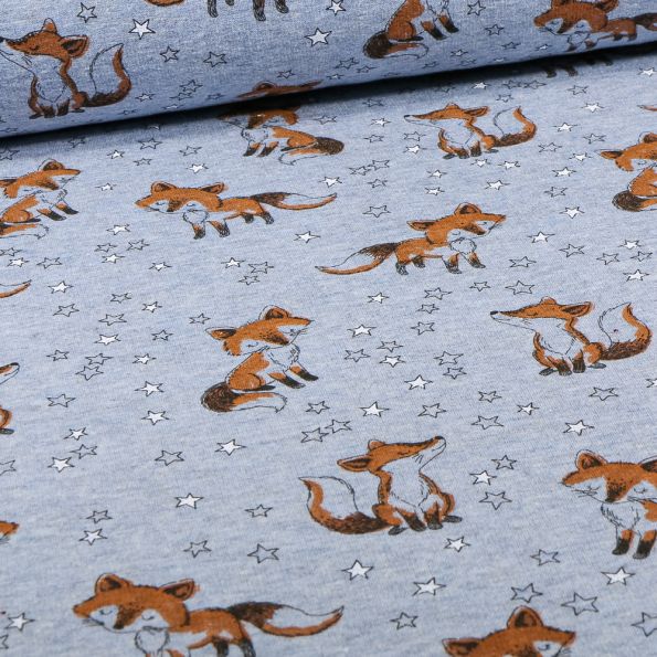 Tissu Sweat envers minky Renardo sur fond Bleu chiné - Par 10 cm