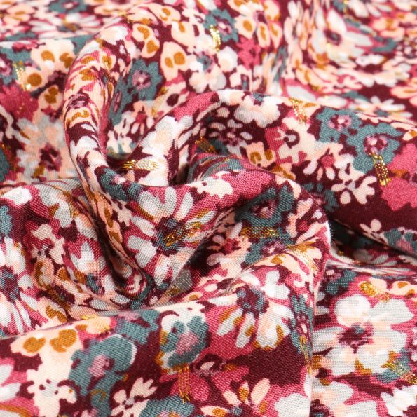 Tissu Viscose lurex Sabri sur fond Bordeaux - Par 10 cm