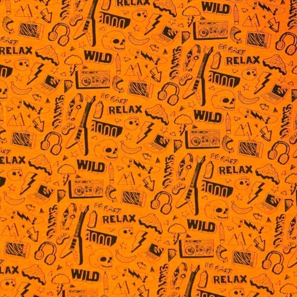 Tissu Jersey Coton imprimé Symboles Ado & RockN'Roll Noirs sur fond Orange fluo - Par 10 cm