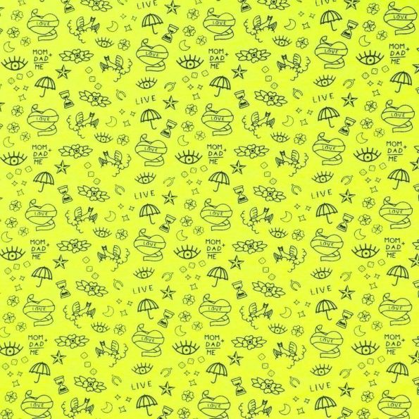 Tissu Jersey Coton imprimé Symboles Love&Live Noirs sur fond Jaune fluo - Par 10 cm