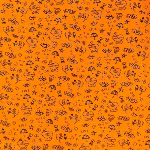 Tissu Jersey Coton imprimé Symboles Love & Live Noirs sur fond Orange fluo - Par 10 cm
