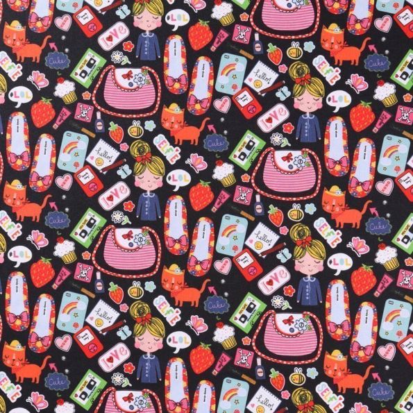 Tissu Coton imprimé Chats, fillettes, SELFIE Multicolores sur fond Noir - Par 10 cm