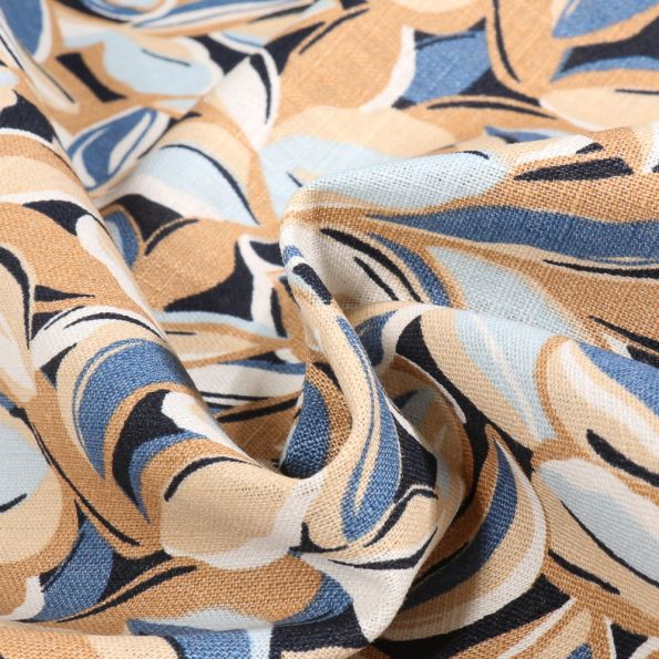 Tissu Lin imprimé Faya sur fond Bleu marine - Par 10 cm