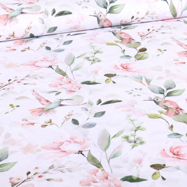 Tissu Coton imprimé Colibris flower sur fond Blanc - Par 10 cm