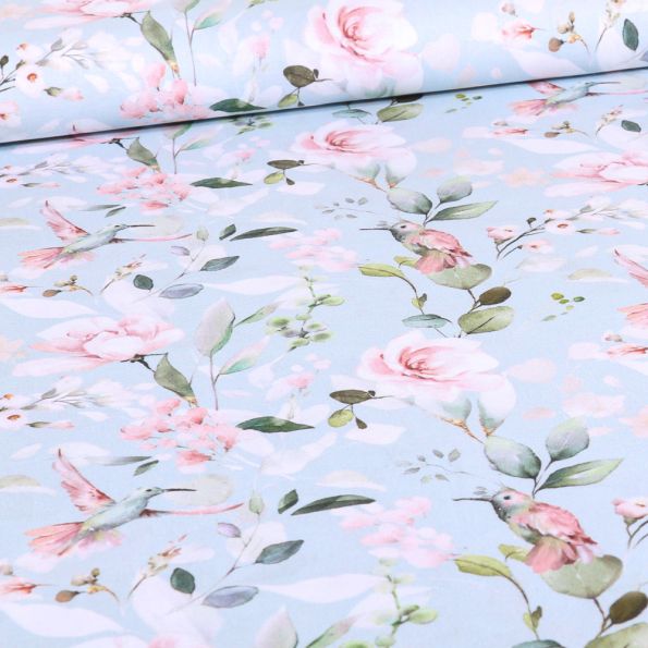 Tissu Coton imprimé Colibris flower sur fond Bleu ciel - Par 10 cm